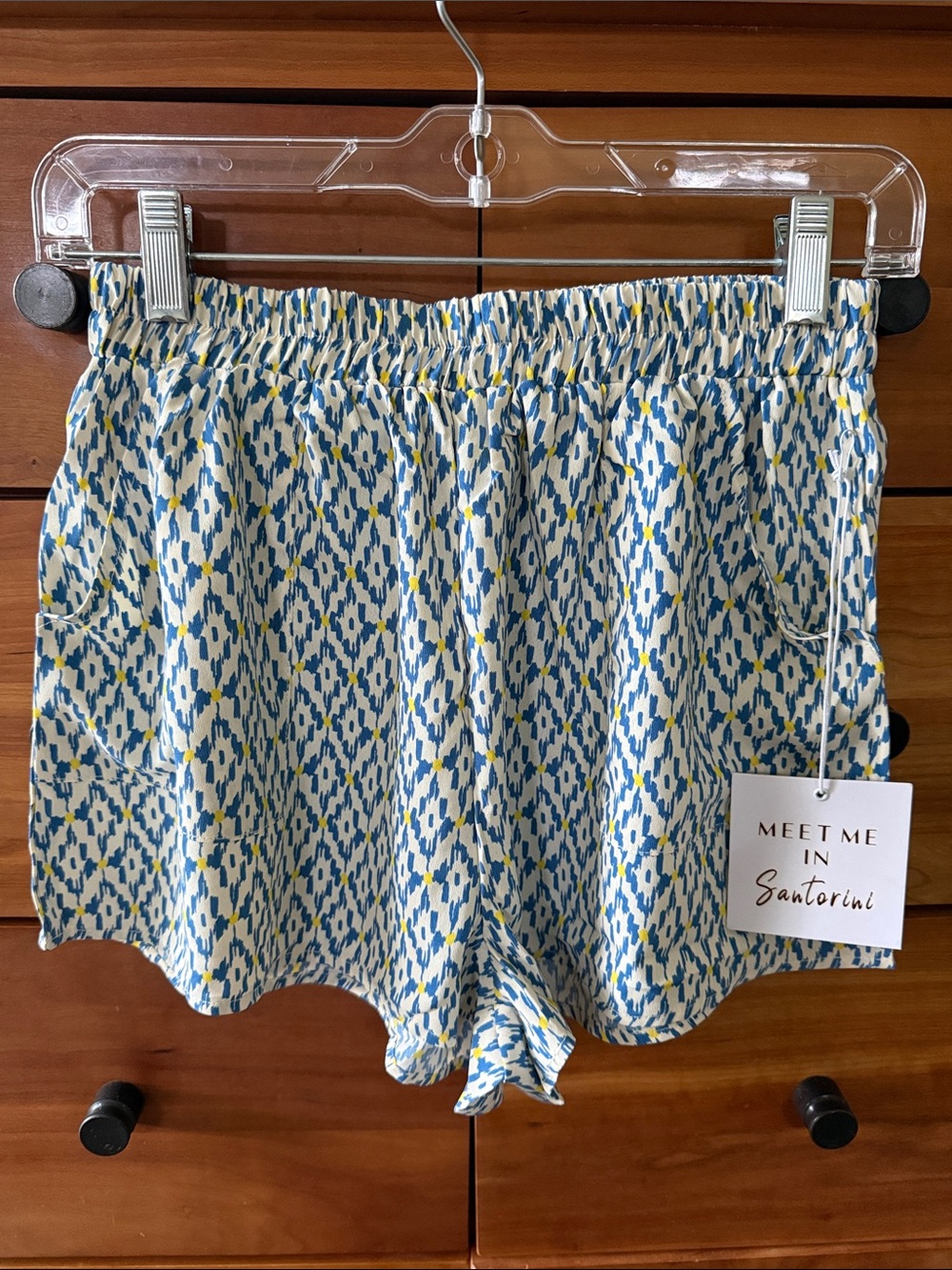 Meet Me in Santorini Woven Blue & Yellow Patterned Women’s Shorts - NWT Size XS